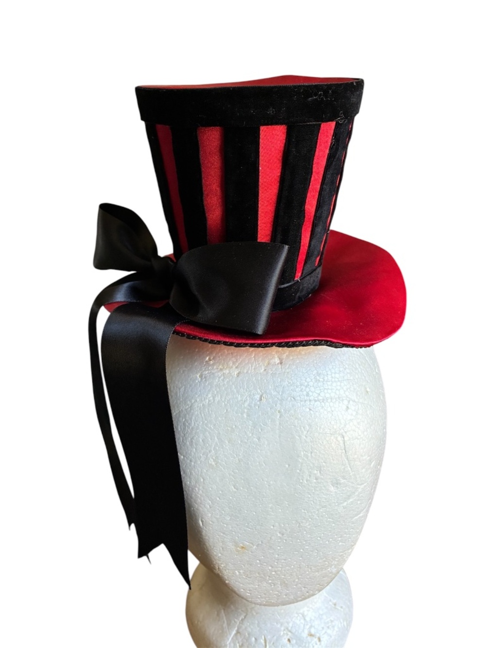 Fascinator Mini Top Hat w Bow Chin Strap Costume Fancy Chic Striped Red Black OS